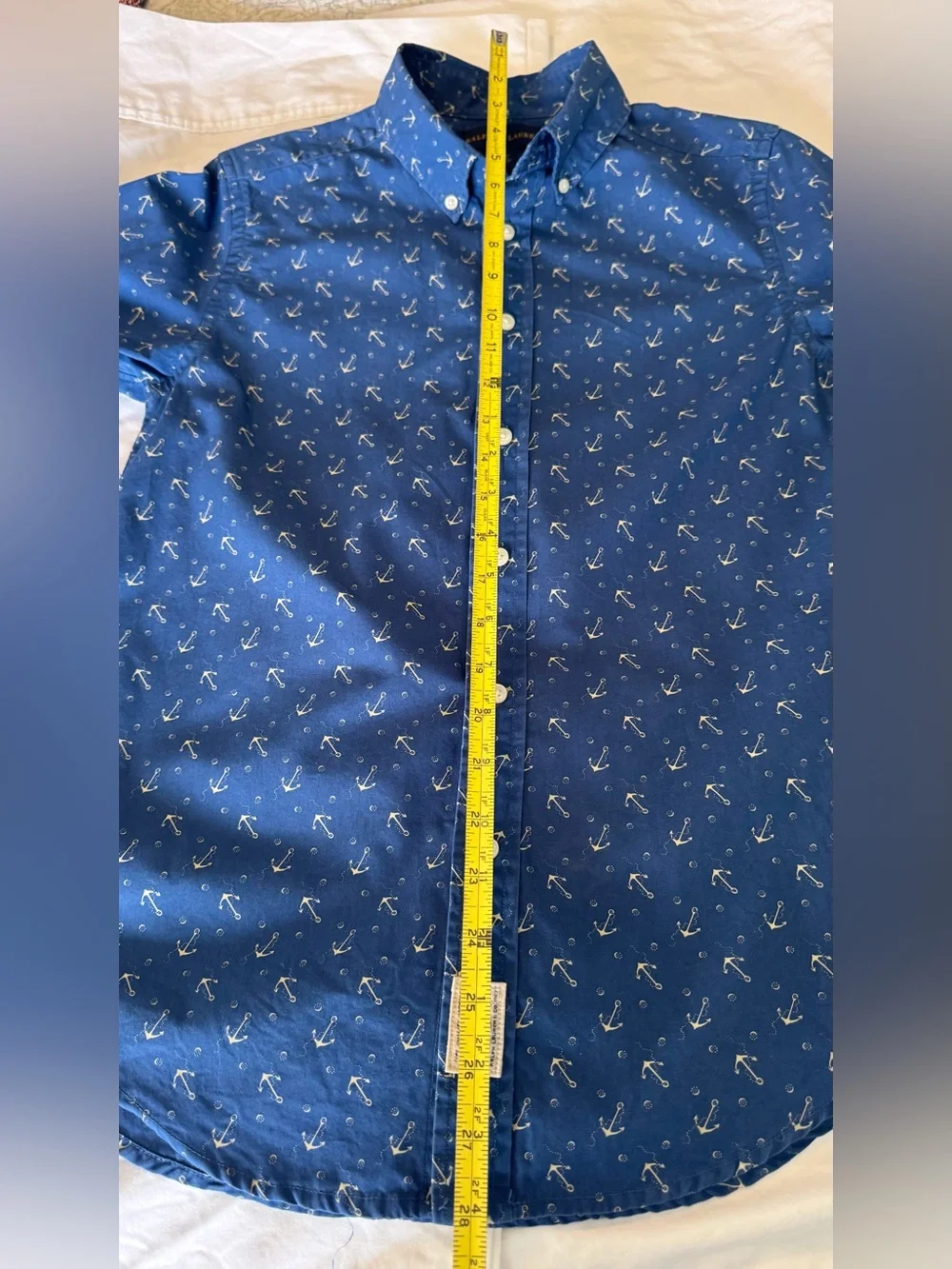 Ralph Lauren Blue Anchor Print Button Down Shirt Boys L 14-16 Women XS S